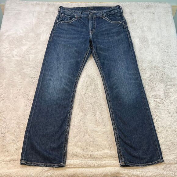Silver Jeans Mens 34x32 Blue Gordie Loose Fit Straight Leg Faded Dark Wash Denim - Picture 1 of 11